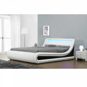 Manželská posteľ s RGB LED osvetlením, biela/čierna, 160×200, MANILA NEW