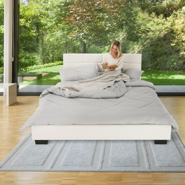 Manželská posteľ s roštom, 160×200, biela ekokoža, MIKEL