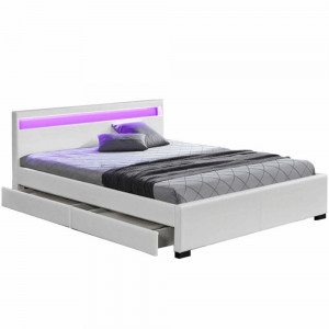 Manželská posteľ, RGB LED osvetlenie, biela ekokoža, 180×200, CLARETA