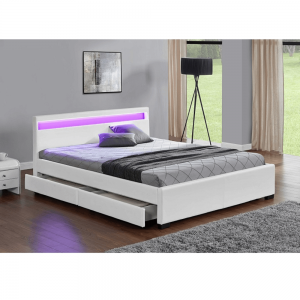 Manželská posteľ, RGB LED osvetlenie, biela ekokoža, 180×200, CLARETA