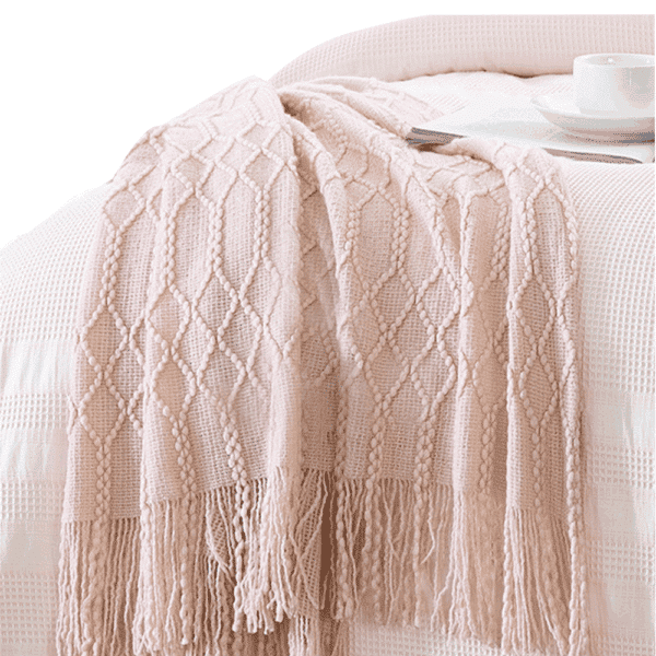 Tempo-kondela sulia typ 1, pletená deka so strapcami, svetloružová, 120×150 cm